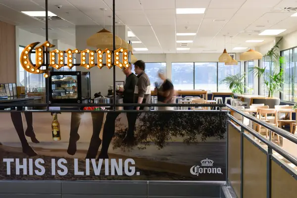 The The first of its kind in New Zealand, the Corona Sunset Lounge and Bar with uninterrupted views of the runway and Lyall Bay