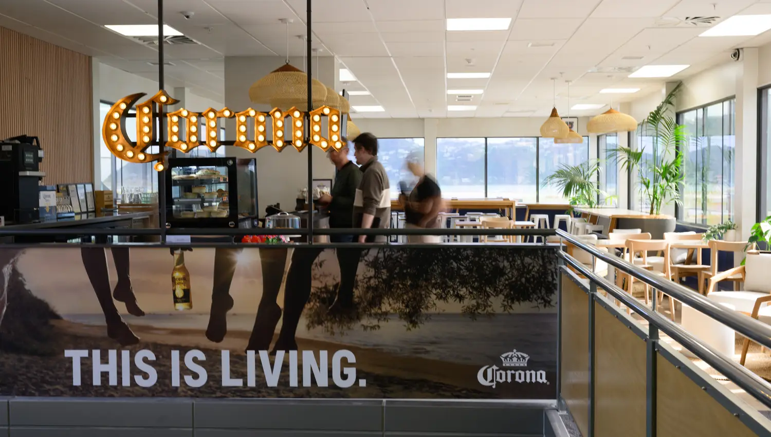 The The first of its kind in New Zealand, the Corona Sunset Lounge and Bar with uninterrupted views of the runway and Lyall Bay