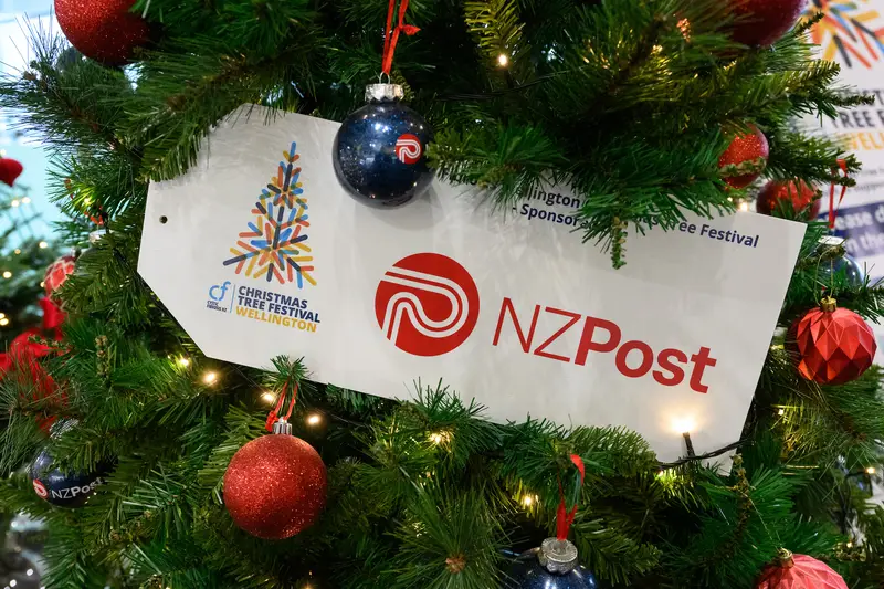 Detail photo of NZ Post Christmas Tree in the Wellington Airport Christmas Tree Festival 2025