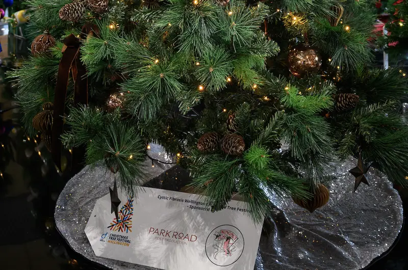 Detail photo of Park Road Post and Wingnut Films Christmas Tree in the Wellington Airport Christmas Tree Festival 2025