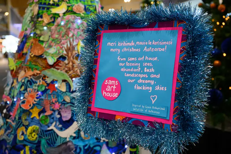 Detail photo of Sams Art House Christmas Tree in the Wellington Airport Christmas Tree Festival 2025