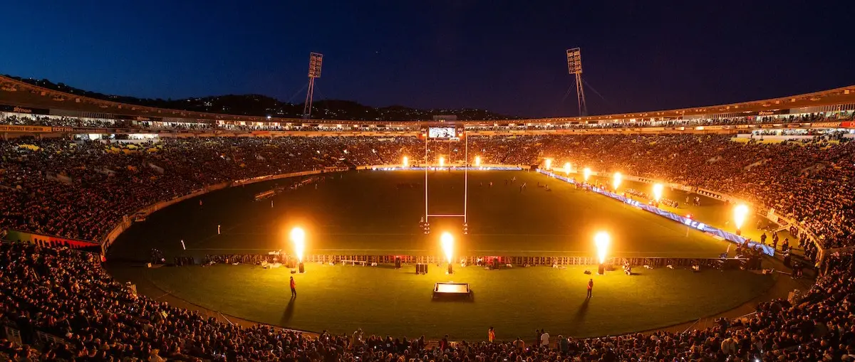 Aerial shot of Wellington's Sky Stadium with a packed crowd for All Blacks game