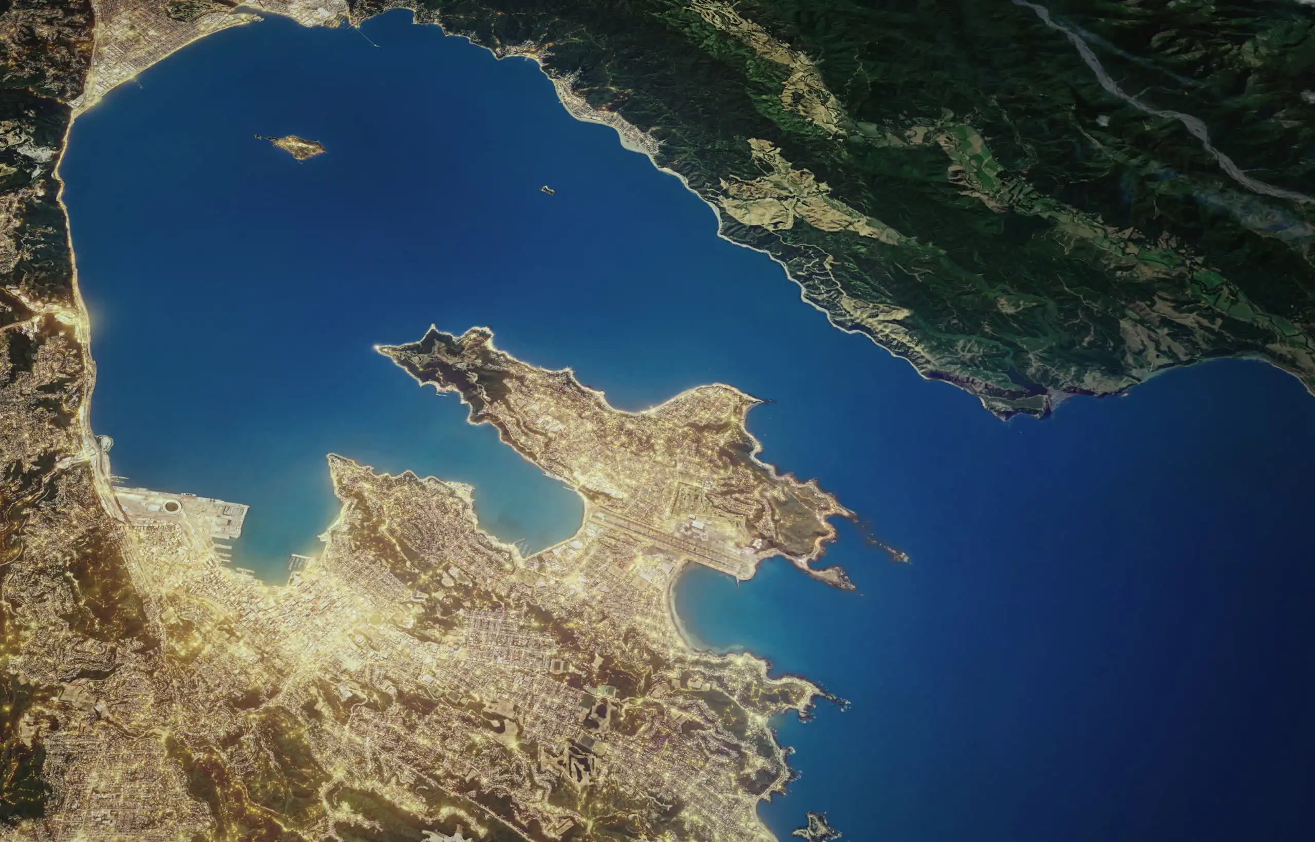 Aerial photo of Miramar peninsula, highlighting that its shape is similar to that of a bird in flight.